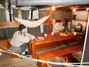 The mens' quarters on Discovery. The boat was run as a Royal Navy ship, with the same differentiation between men and officers. The mens' quarters were cramped with little privacy. It appears that Scott ran a good ship.