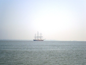 London is staging a Festival of tall ships in the first week of September (after the departure of teh Clipper Race). Here one such ship is progressing along the Thames Estuary.