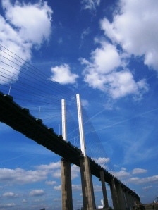 The QE II bridge is a cabled stayed bridge - the suspension rods and slender white towers have a certain beauty and are reminiscent of a Barbara Hepworth sculpture on a huge scale. The bridge was the longest cabled stayed bridge in Europe when it was built in 1991