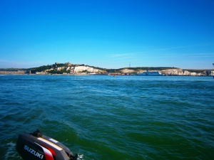 For many Dover is defined by its busy ferry port, seen on the right in this photo taken from within the huge harbour breakwater. However, there are many other aspects such as the imposing castle on the hill (seen centre left) and the maze of tunnels in the cliffs and command posts from WW2. it is nowadays the nerve centre for controlling the huge numebr of ships that pass through the Straits of Dover, one of the busiest and densest shipping routes int the world. They must have good radar as they  had spotted our little boat before made the mandatory radio contact before we got close to the harbour.
