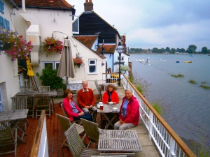 The back of the Anchor Bleu at Bosham with Ros and terry and Janet. There is normally a road to the right.
