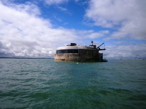 Horse Sand Fort. One of a string of forts across the entrance to the Solent near Portsmouth. This is one of the larger Royal Commission Forts built between 1865 & 1880. In WW2 concrete blocks were sunk between here and the shore which remain in place with only two narrow passages through to block U boat entry to Portsmouth