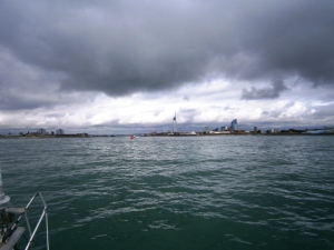 The entrance to Portsmouth with the Spinnaker Tower visible. The photo is taken from the small boat channel to one side of the main ship channel.