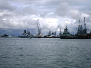 The Royal naval dockyard at Portsmouth with an interesting array of modern warships.