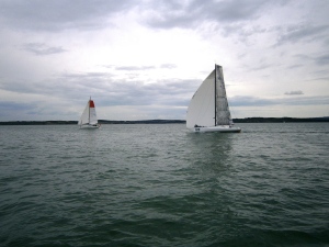 The UK has a programme to train young sailors in ocean racing. Here two 40 ft yachts practice, reaching down the Solent