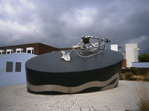 The sculpture by Sam Holland outside the RNLI College symbolising the history and purpose of the RNLI