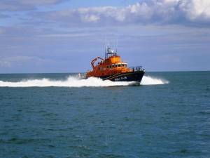 The Torbay lifeboat on a "shout" to tow a motor cruiser with failed engines and electrics off Slapton Sands and into Dartmouth. This is a Severn Class lifeboat, the same type as we "drove" in the simulator at the RNLI College in Poole.