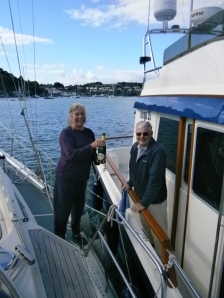 Nigel T greeting us on our safe arrival back at our home port with a bottle of bubbly